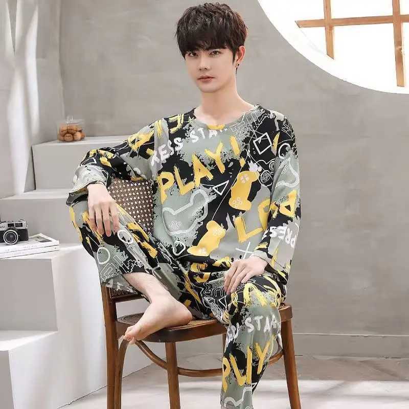 2Pcs/set mens long-s long-sleeved trousers pajamas autumn and winter large size teenagers home clothing round neck striped riveXJ241227