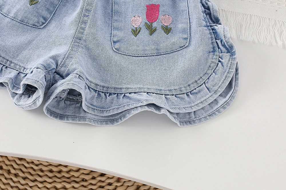 Kids Shorts Tulip Embroidery Lace Jeans Cute Shorts Jeans for Short Girls 2 To 6 Years Boutique Kids Clothing W241227
