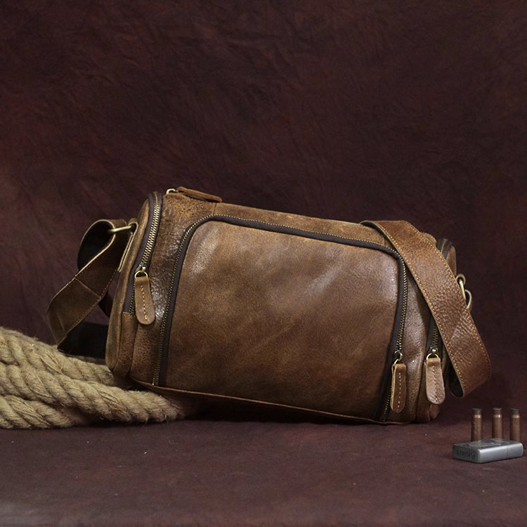 Men's new top layer cowhide horizontal genuine women's crazy horse leather shoulder crossbody bag, handmade, personalized and casual