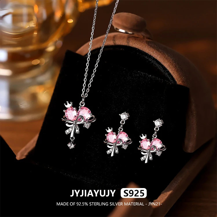 JYJIAYUJY 100% Whole Original Sterling Silver S925 Necklace Pink Star Bow Heart Earrings Set Hypoallergenic Jewelry Gift JYN21 241226