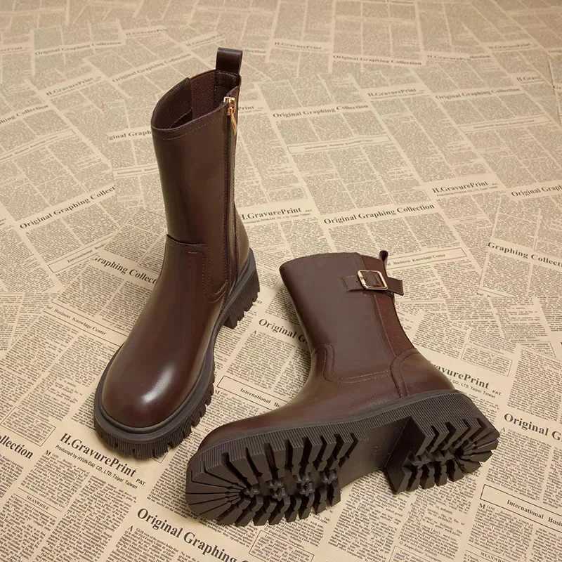 Quality Motorcycle Boots for Women Genuine Leather Black Brown Flat Platform Shoes Women Round Toe Short Boots Woman Botas Z250704
