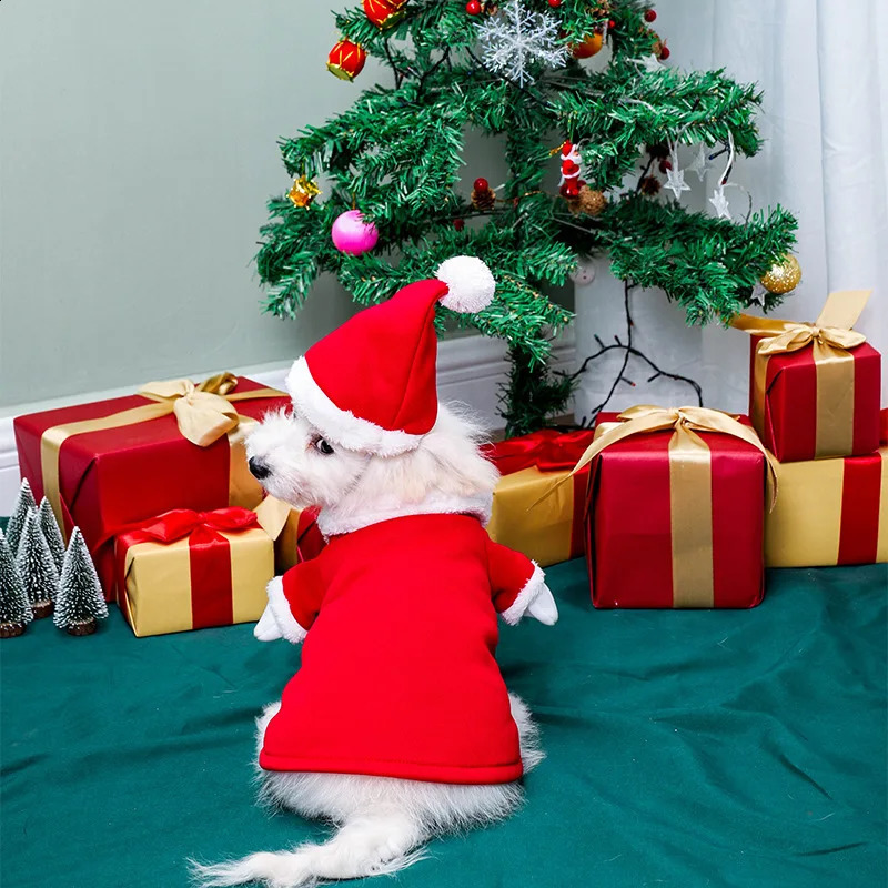 LMZOE Christmas Pet Suit with Cap Warm Clothing For Dogs Cats Santa Claus Clothes Coat Cosplay Costume Red Xmas Dress 241225