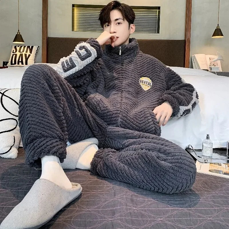 Flannel Pajamas Men Autumn Winter Zipper Sleepwear Warm Plus Velvet Loungwear Padded Coral Homewear Suit 241227