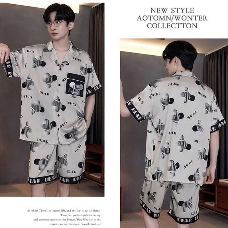 Large Size Men Pajamas Set Ice Silk Cartoon Bear Short-Sleeved Student Two-Piece Cardigan Lapel Smiley Letters 3xl Code PajamasXJ241227