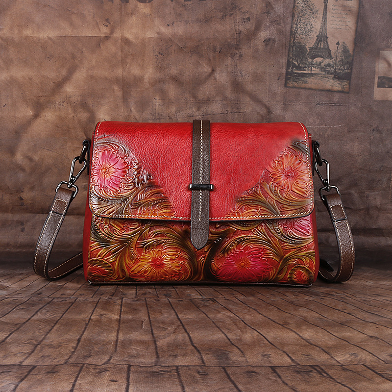 2023 summer new top layer cowhide single shoulder diagonal cross women's bag, embossed process straight