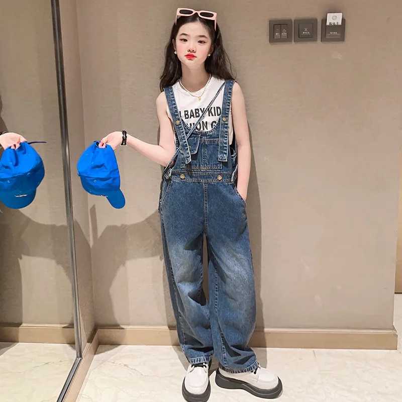 New girls denim covers autumn and winter childrens clothing casual childrens suspension Trouser girls solid childrens jumpsuit youth jeans W241227