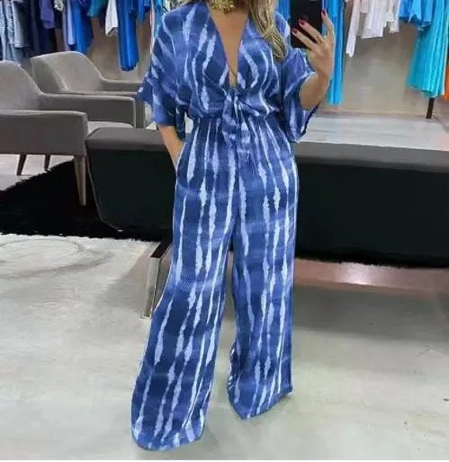 Combinaison Femme Fashon Vneck Bandhnu Wide Leg Jumpsuits For Women Summer Causal High Waist Elegant Lace Up Jumpsuit 241224