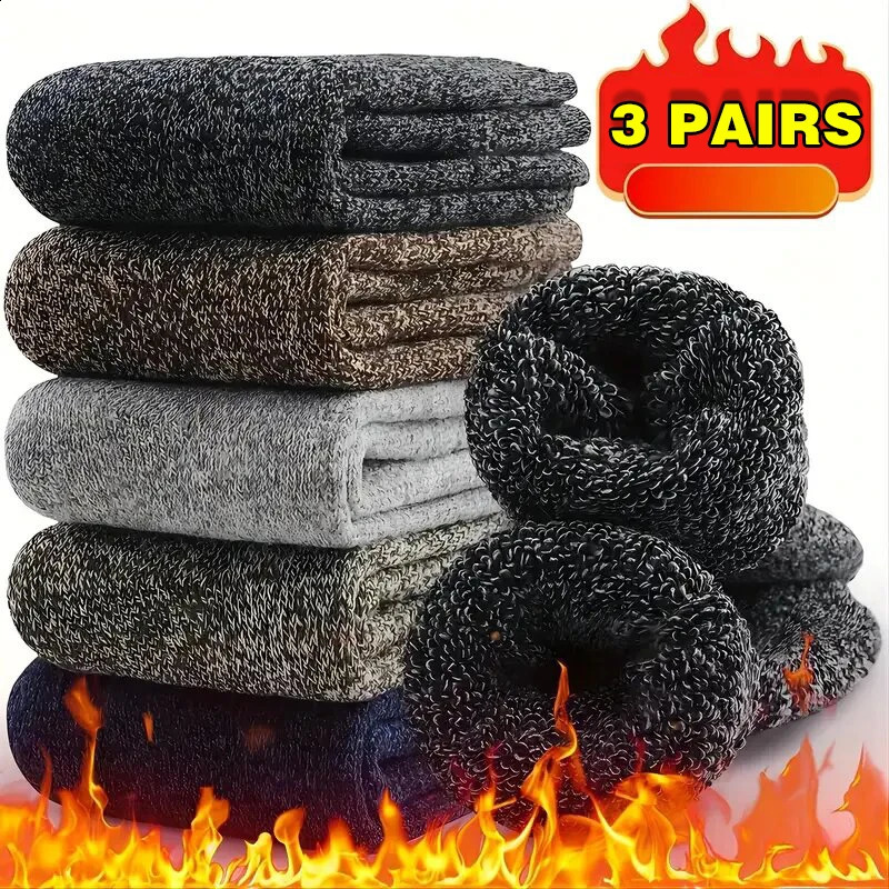 3 Pairs Winter Warm Thick Towel bottom Man Socks Wool Male Slipper Merino Against Cold Snow 3944 241227