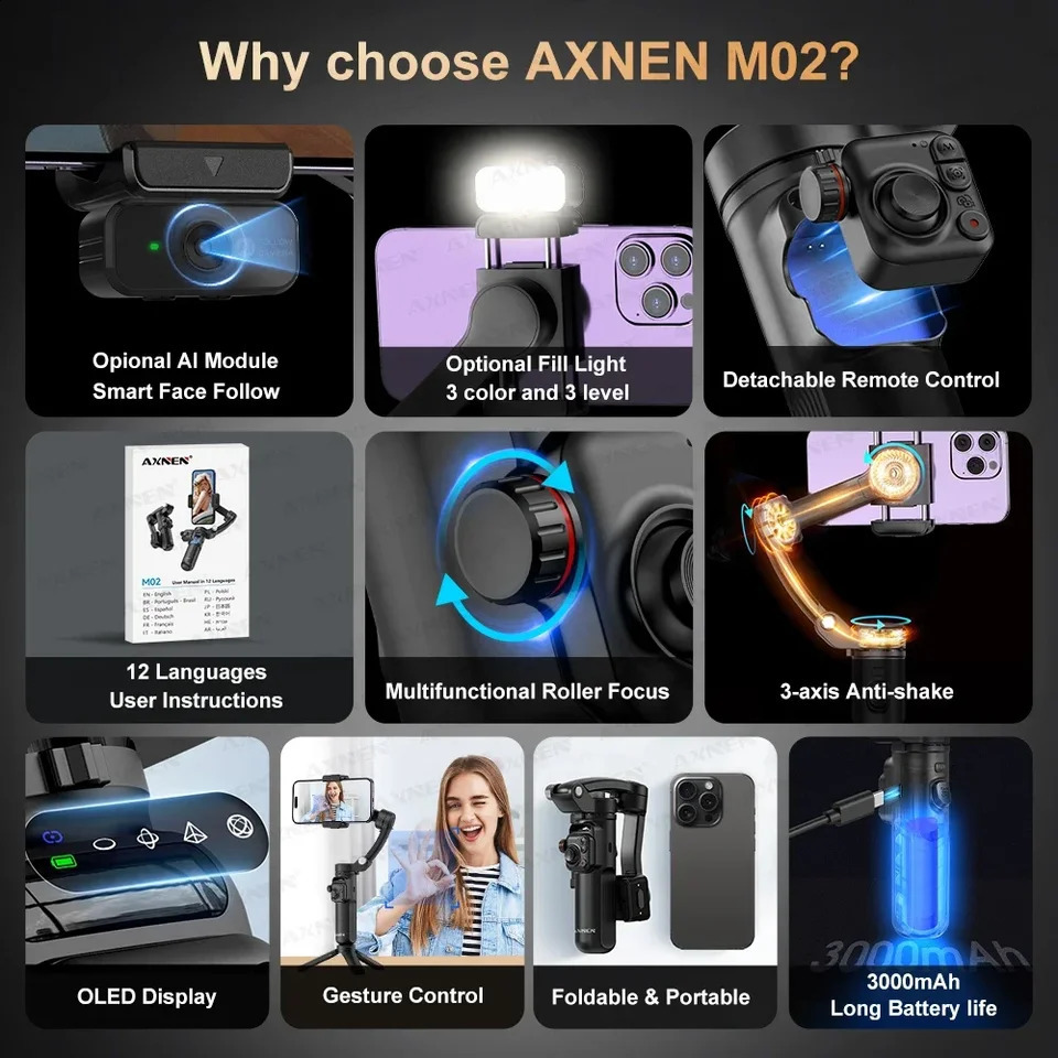 AXNEN M02 Gimbal Smartphone Stabilizer 3Axis Antishake Video Record Handheld Selfie Gimbals for Android Face Tracking 241220