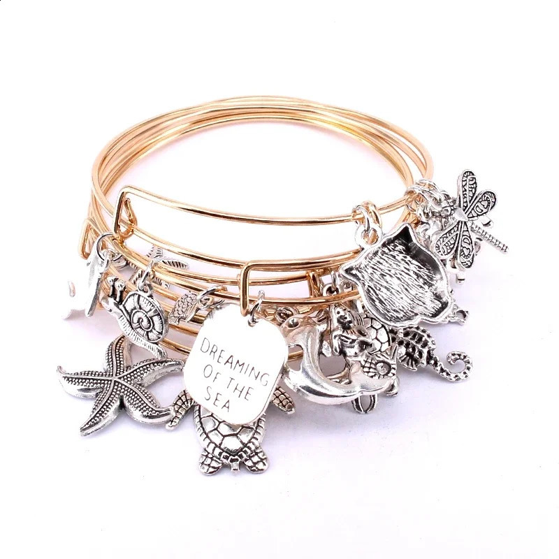 5pcs Bangle Set Wire Bracelets for Women Girls Jewllery Mixed Marine Life Starfish Dolphin Turtle Charm Bracelets C039 241227