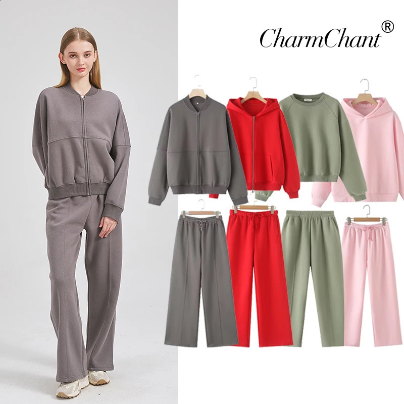 Woman Sweatshirts Tracksuits Set 2025 Winter Cotton Solid Suits Wide Baggy Pants Sportswear 2 Piece Women Outfits 241220