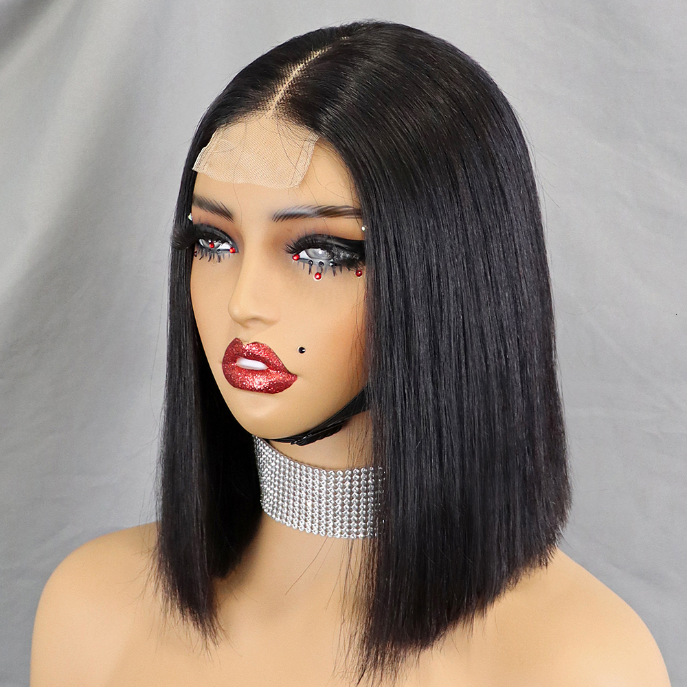 Glueless Double Drawn 12A 350% Density Straight Bob Human Hair Wig 2X6 HD Lace Closure Frontal Wigs For Women