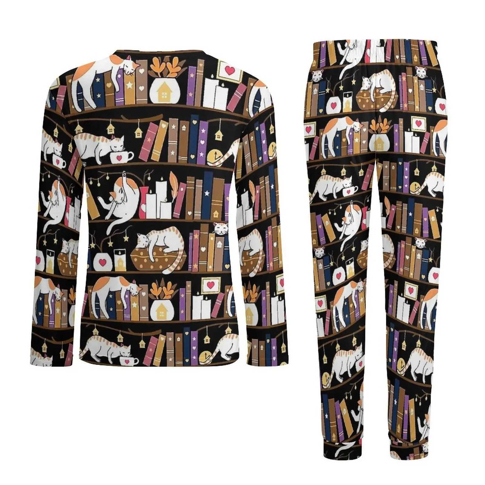 Cute Library Cat Pajamas Mens Lovely Nightwear Autumn Long-Sleeve 2 Pieces Casual Pattern Pajamas Set Big Size 4XL 5XLXJ241227