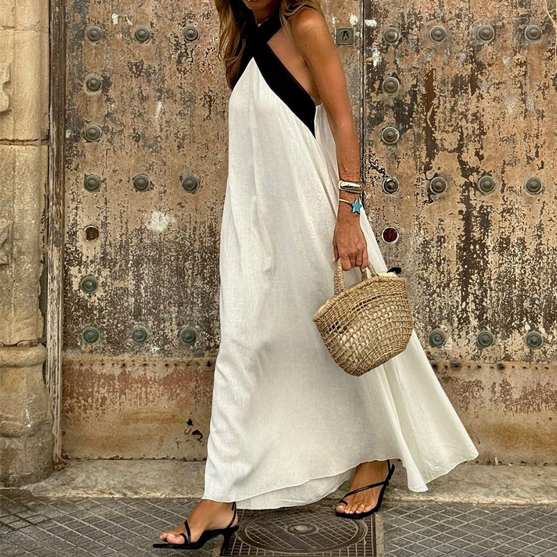 Sexy Halter Hollow Out Holiday Summer Contrasting Color Loose Women's Dress Casual Sleeveless Beach Long Dresses Vestidos
