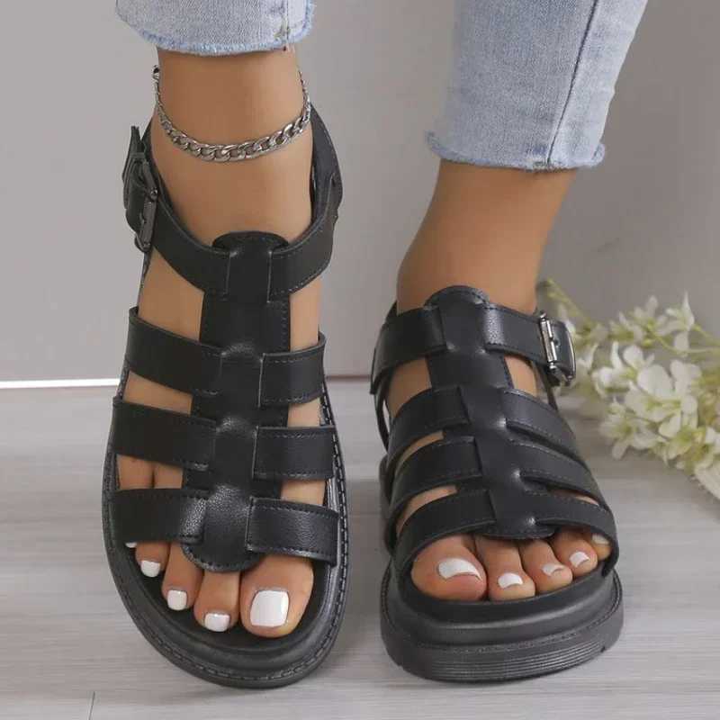 High Quality Women Sandals Summer Toe Openwork Braided Gears Platform Sandals Female PU Leather Roman Beach Black Hollow Shoes T241227