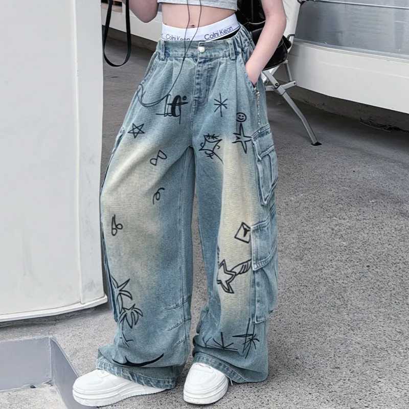 Retro graffiti loose teen girls jeans 12 junior girl summer design wide leg Cargo denim pants kids Multi pocket trousers W241227