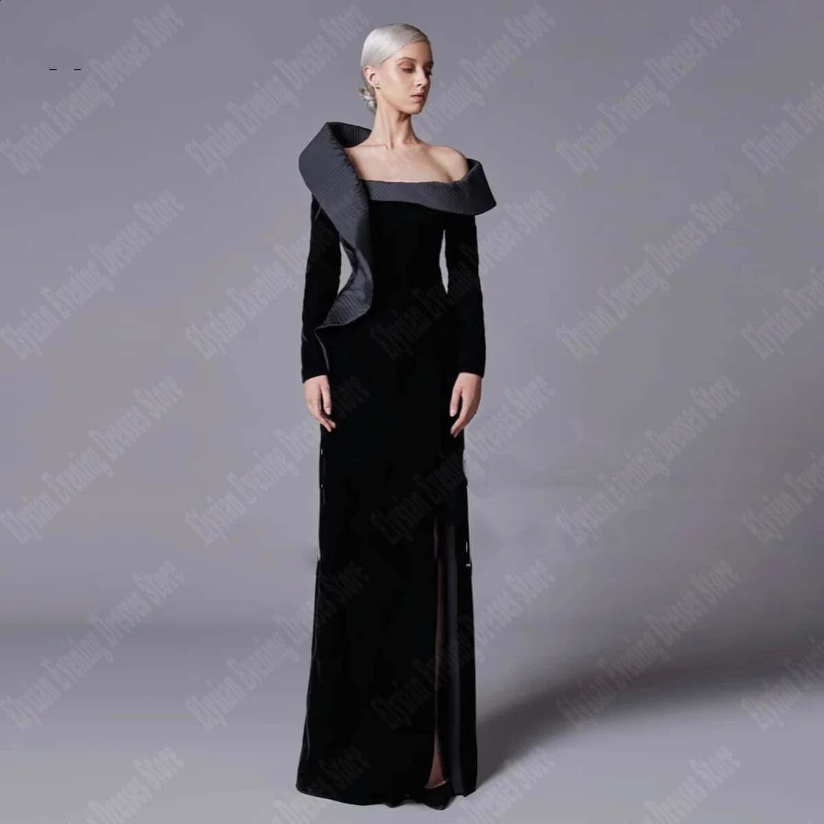 Women Elegant Dresses Sexy Pleated Slim Fit Prom Gowns est Velvet Dark Black Vent Customized Long Sleeve Mopping Length 241223