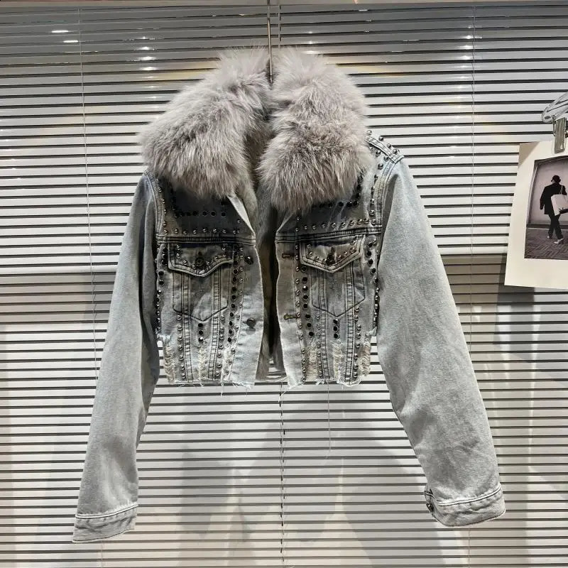 PREPOMP Winter Arrival Fox Fur Collar Rabbit Fur Rivets Ward Denim Jacket Women Short Coat GM164 241220