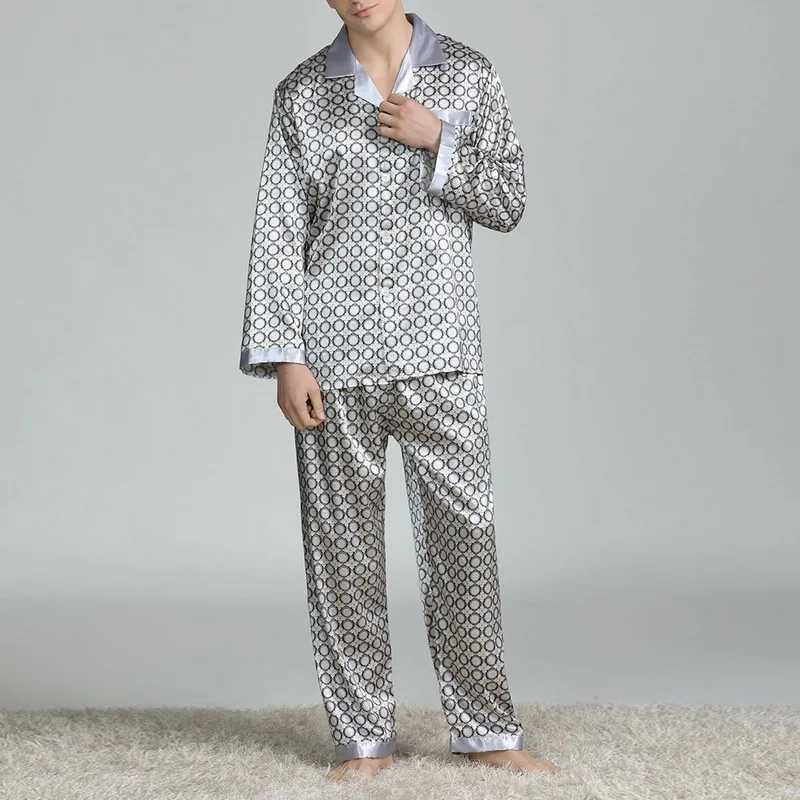 Mens Satin Silk Pajama Sets Sleepwear Casual Nightgown Loose Loungewear Pajamas Pijamas Autumn New Print Nightwear HomewearXJ241227