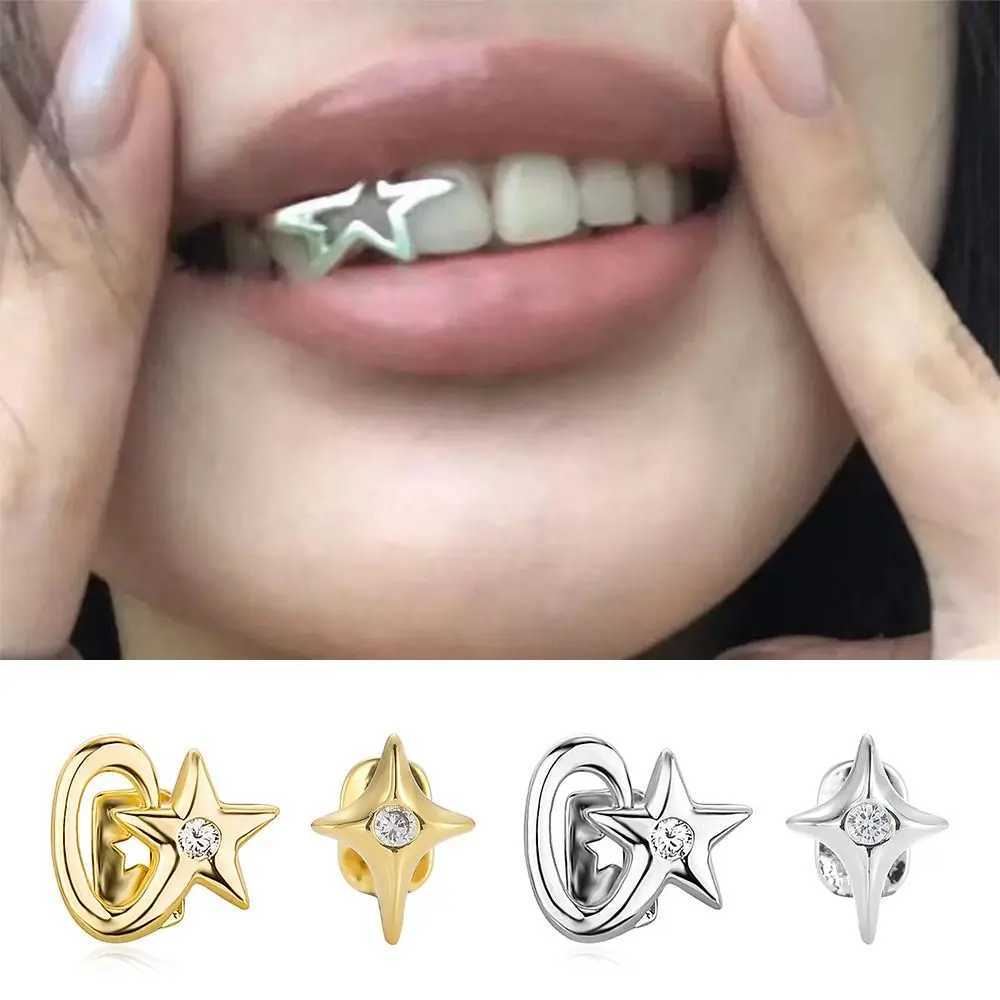 New Copper Hip Hop Teeth Grillz Pentagram Star Punk Tooth Cs Removable Gangsta Top Bottom Grillz Dental W241227