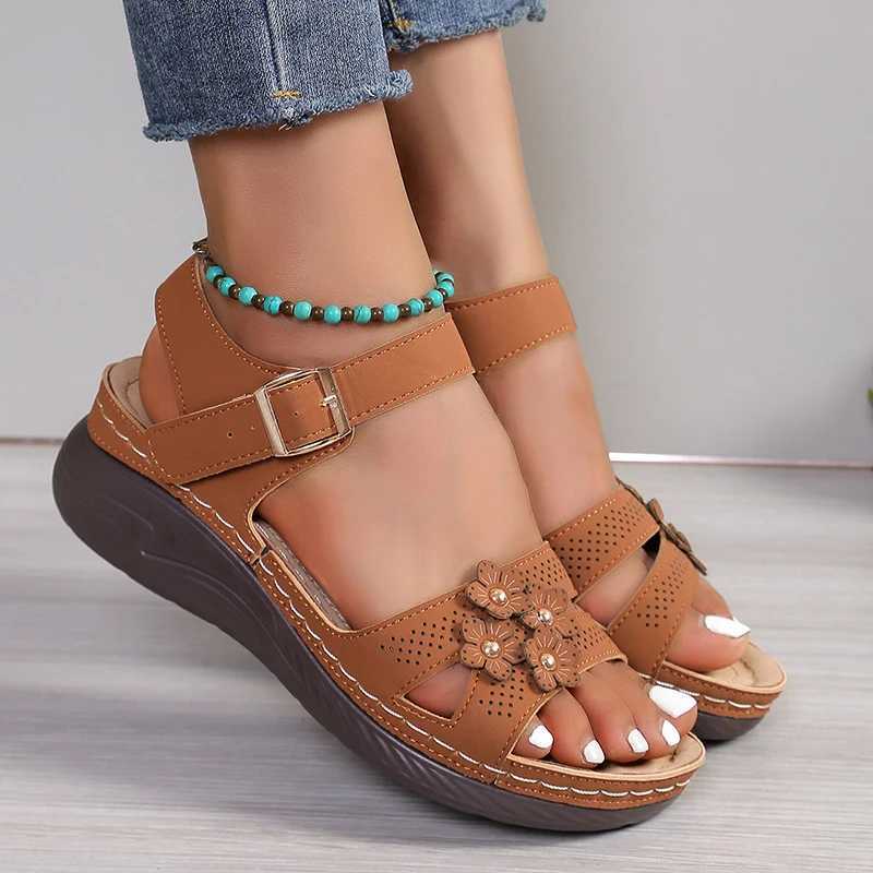 High Quality Lucyever Ankle Womens Wedge Sandals Summer Vintage Flowers Platform Sandles Women Non Slip Soft Bottom Casual Sandals T241227