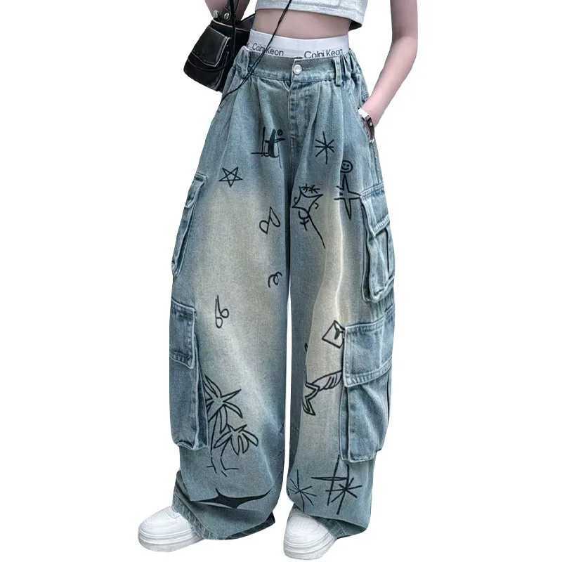Retro graffiti loose teen girls jeans 12 junior girl summer design wide leg Cargo denim pants kids Multi pocket trousers W241227