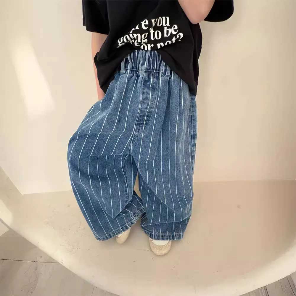 2024 Spring Summer Kids jeans fashion Boys Vertical stripes denim wide leg pants Girls loose casual Trousers W241227