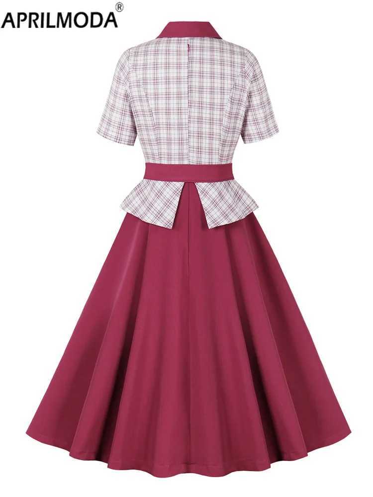 French Style Hepburn 50s Vintage Womens Party Dress Office OL Work To Wear Ruffle Patchwork Plaid Print Casual Dress with Belt X241226