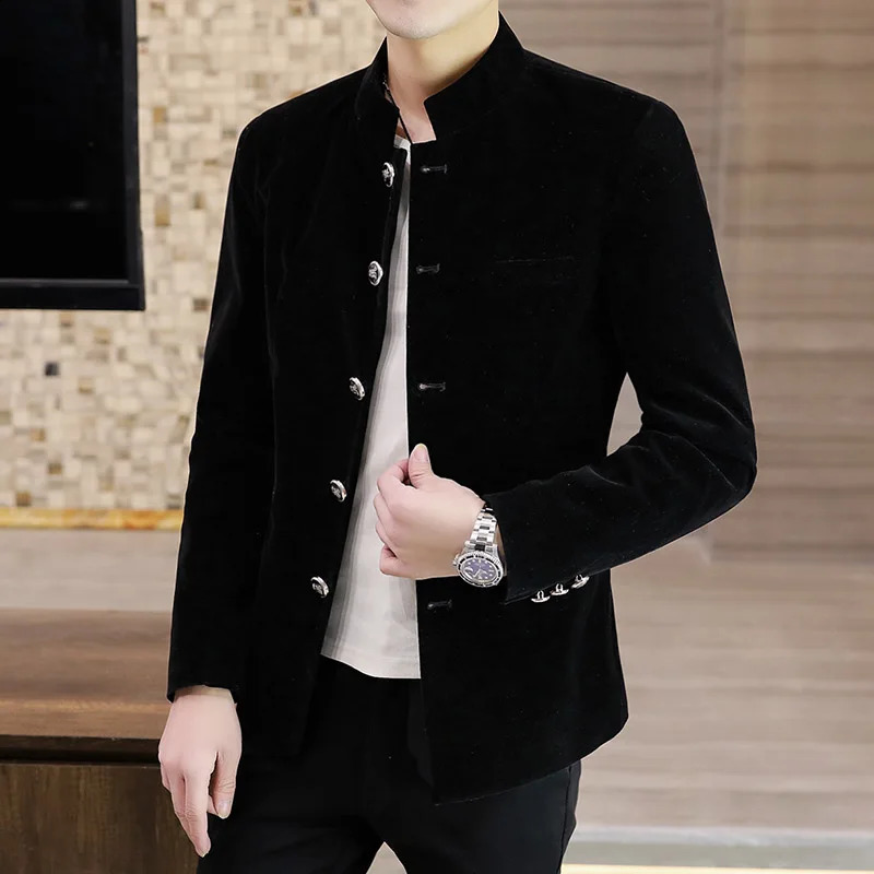 Coat mens light y boutique golden velvet MAO suit youth fashion trend handsome solid color stand collar coat 241227