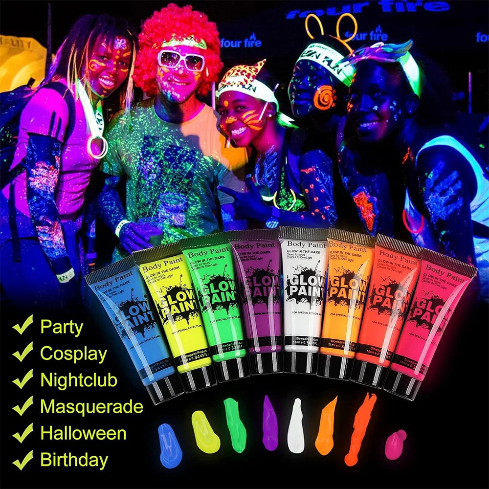 UV Neon Face Body Paint Glow in the Dark Makeup Set Fluorescent Painting for Adults Kids Festivals Party Halloween Christmas 241224