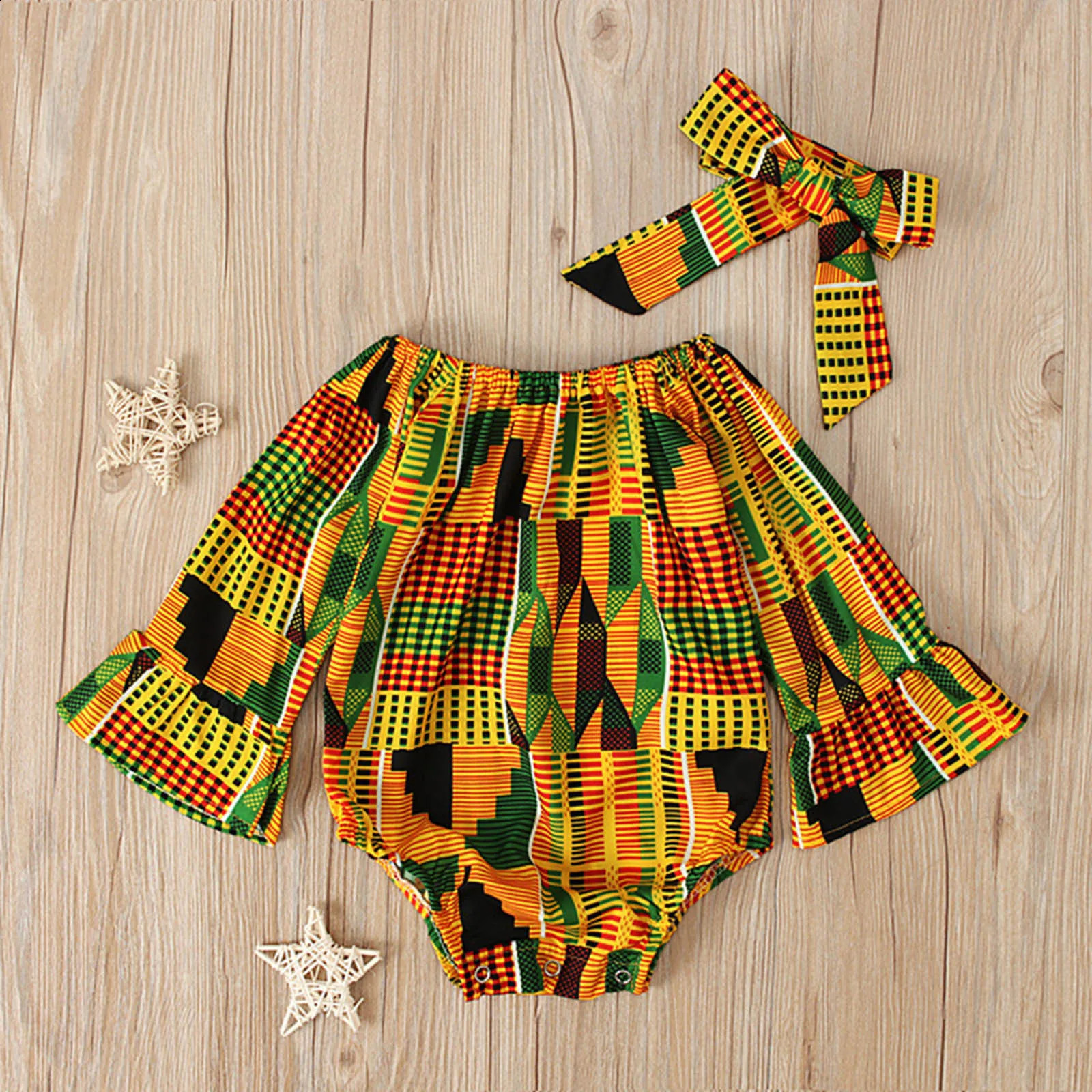 Toddler African Print Off Shoulder RomperHeadband Set Baby Girls Infant Outfits Cute Jumpsuit Hair Band Bodysuits Clothes 241226