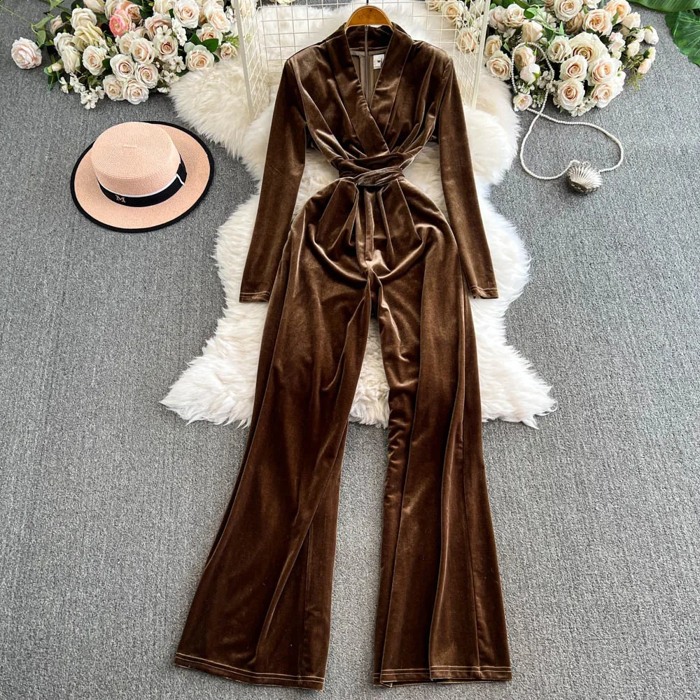 Vintage V-neck Long Sleeve Slim Bandage Top High Street High Waist Wide Leg Pants Jumpsuit Autumn Winter Women Velvet Clothing 241224