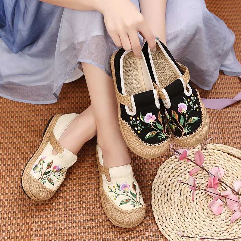 High Quality Womens Linen Canvas Shoes Retro Bohemian Slip-On Flat Comfortable Loafers Ladies Casual Embroidered Hemp Sole Sneakers T241227