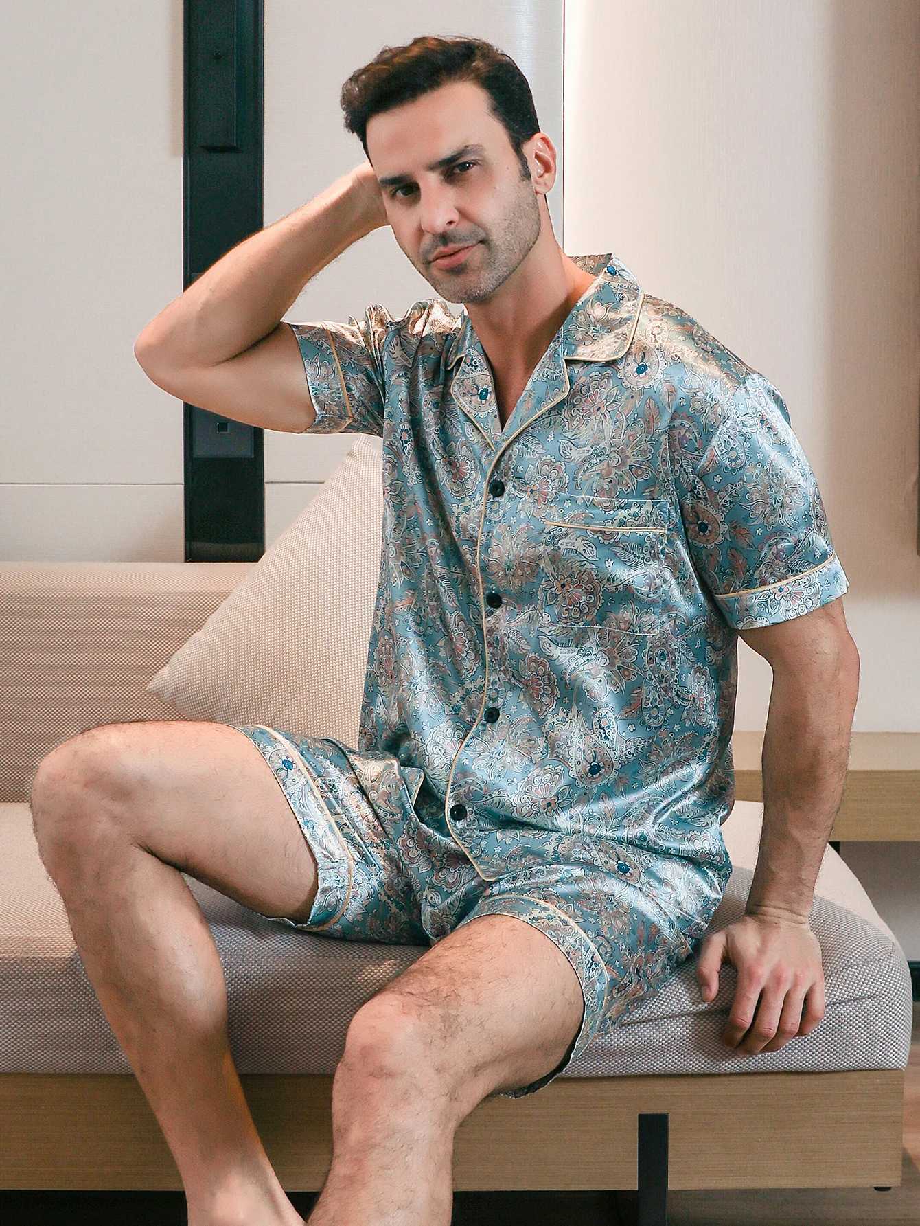 Two piece sets for mens pajamas summer short sleeved shorts flower pattern printed home clothing sleepwear setXJ241227