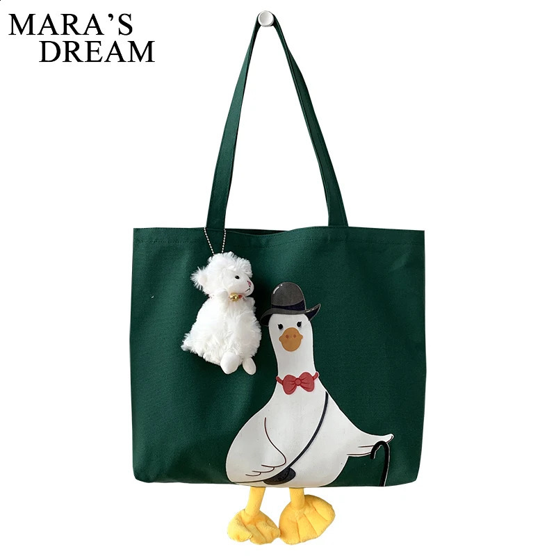 Maras Dream Women Shoulder Shopper Bag Cute Duck Cartoon Print Casual Kawaii Canvas Tote Shopping Cotton Cloth Eco Handbags 241225