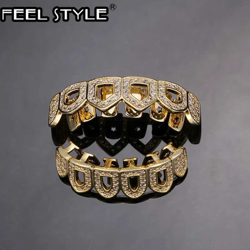 Feel Style and Out Teeth Grillz Set For Unisex Cubic Zirconia Stone Top Bottom Box Packing Hip Hop Jewelry For Men Women Gift W241227