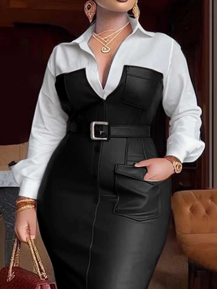 Gymstars Womens Shirt Collar Dress New Autumn Button Length Slip PU Leather Patch Work Pocket Tight Strap Collar Womens Midi X2412261