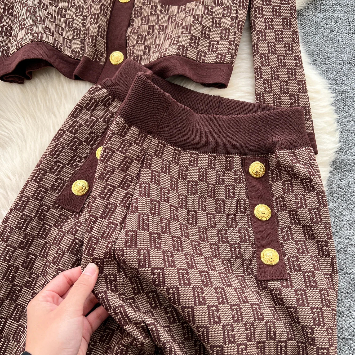 Autumn Winter Printed Knitted Two Piece Sets Women Round Neck Long Sleeve Sweater High Waisted Wide Leg Pants Vintage Tracksuits 241224