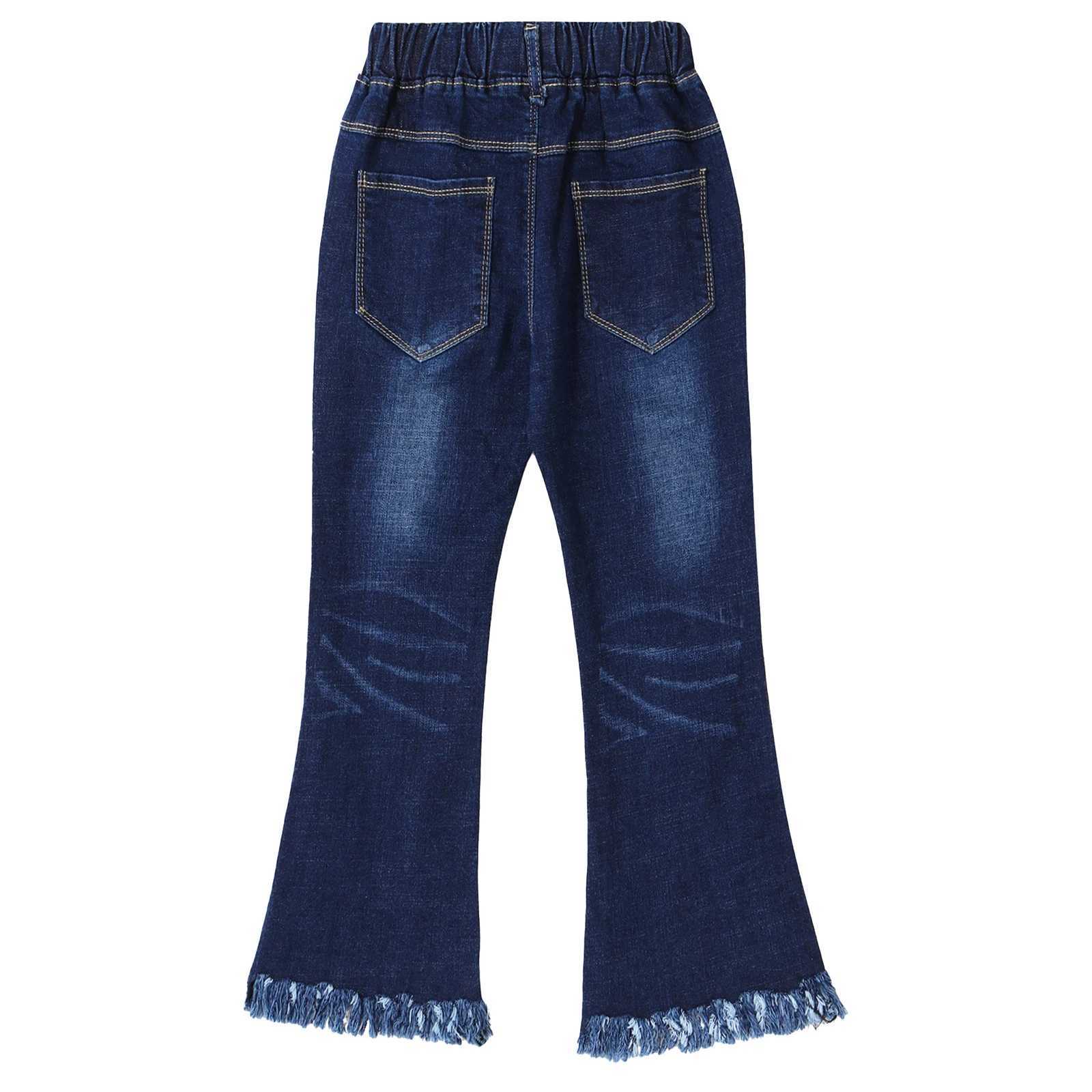 Kids Baby Girls Flare Pants Tassel Hem Denim Bell Bottom Children Toddler Kids Elastic Waist Blue Cute Jeans Trousers Clothes W241227