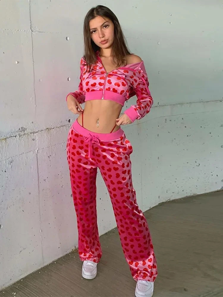 Womens Velvet Heart Print Tracksuits Long Sleeve Zipper Cropped Hooded Jackets Long Pants Autumn Winter 90s Casual 2 Piece Sets 241224