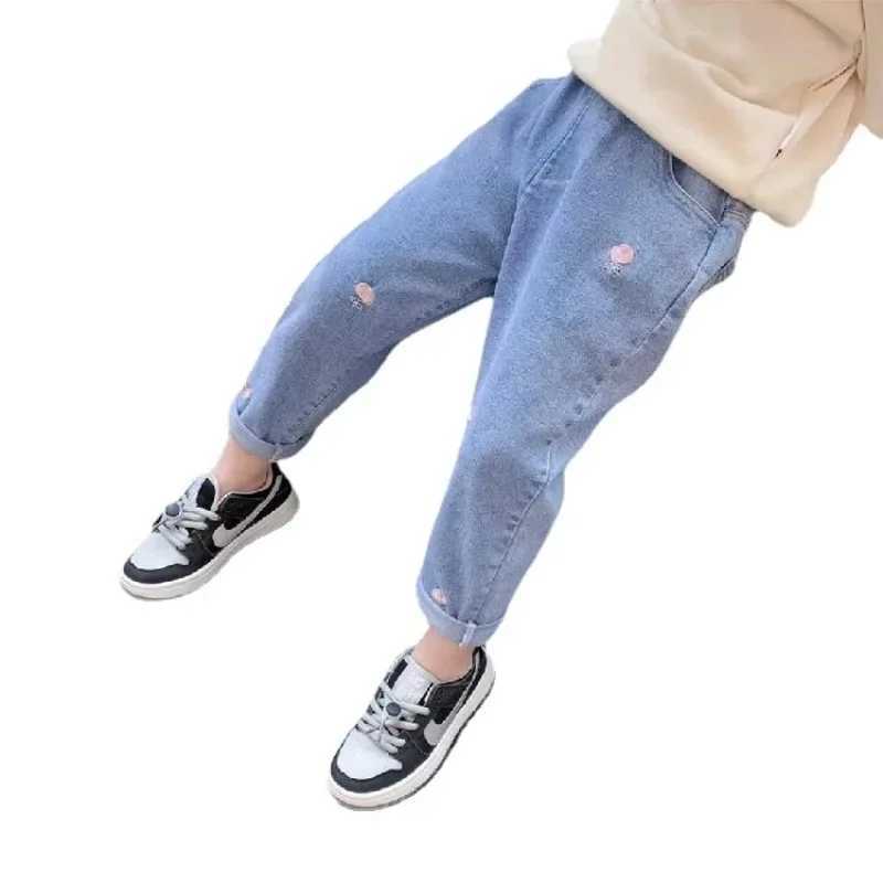 New Korean Version of Foreign Sle Spring and Autumn Dress Girl Jeans Girl Baby Spring and Autumn Smoke Gray Pants Wear Loose W241227