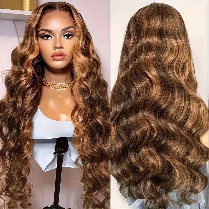 Piano Brown Highlight Wig Look Like Human Hair Body Wave 13x4 Lace Frontal Glueless Wigs For Women Preplucked 36 Inch Black Transparent Synthetic Hair