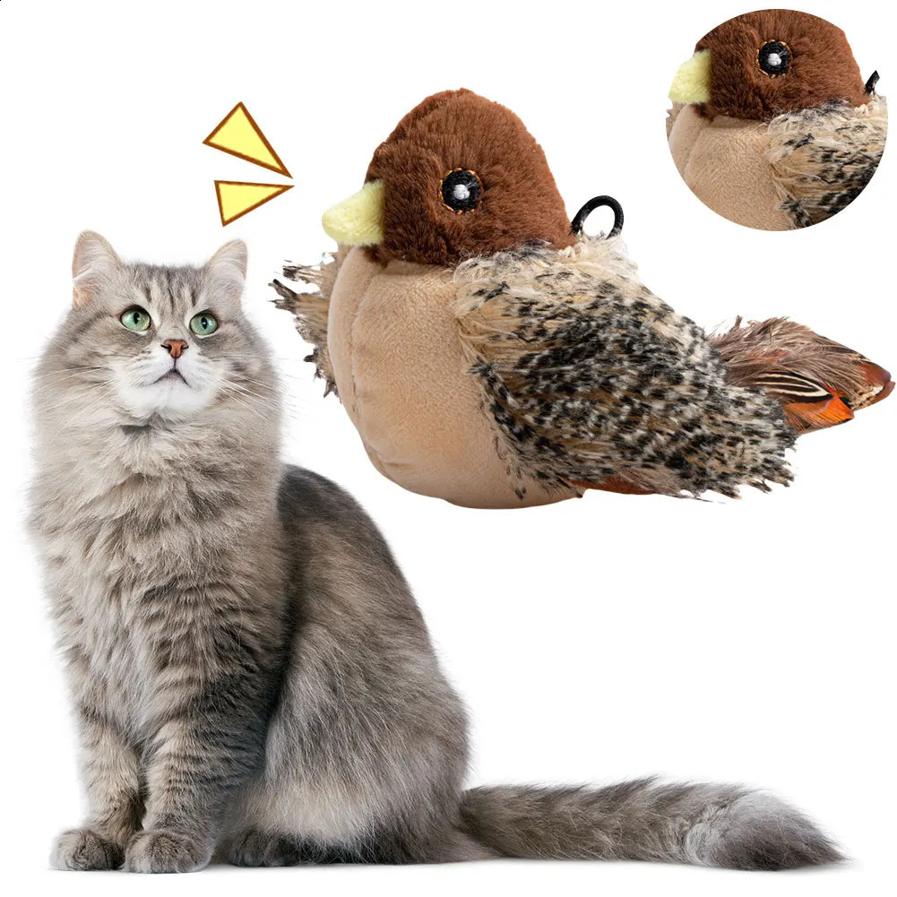 Interactive Cat Toys Flying Bird Cat Toy Flapping Wings Sparrow Catnip Toy Electric Squeaky Simulation Bird Plush Toy for Cats 241224