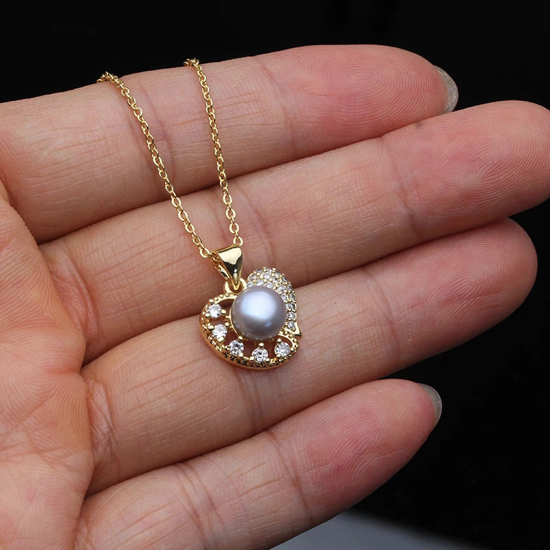 Freshwater Pearl Necklace and Earring Set for WomenCute Heart Pearl Jewelry Set Wife Mother Gift White Black 241226