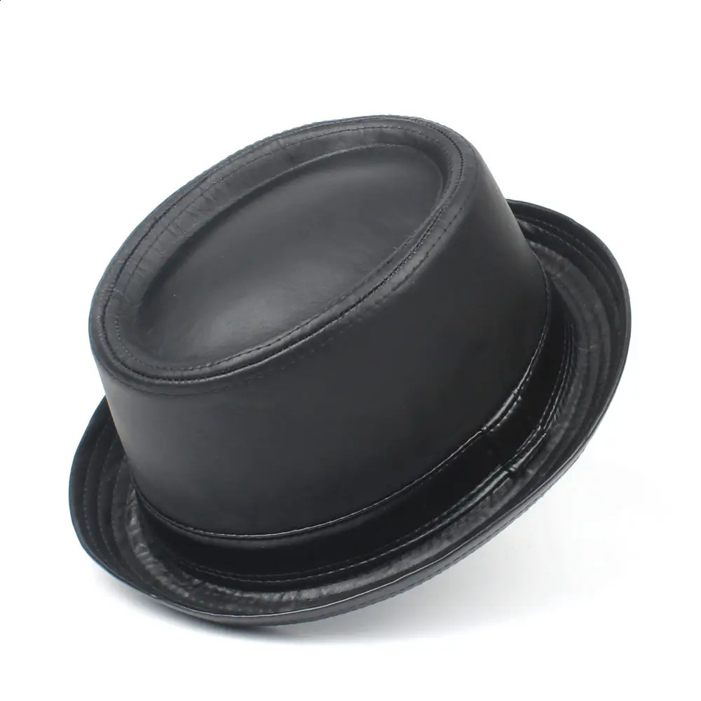 100% Leather Balck Men Pork Pie Hat For Dad Fedora Hat Fasgion Gentleman Flat Bowler Porkpie Jazz Hat Size S M L XL 241226