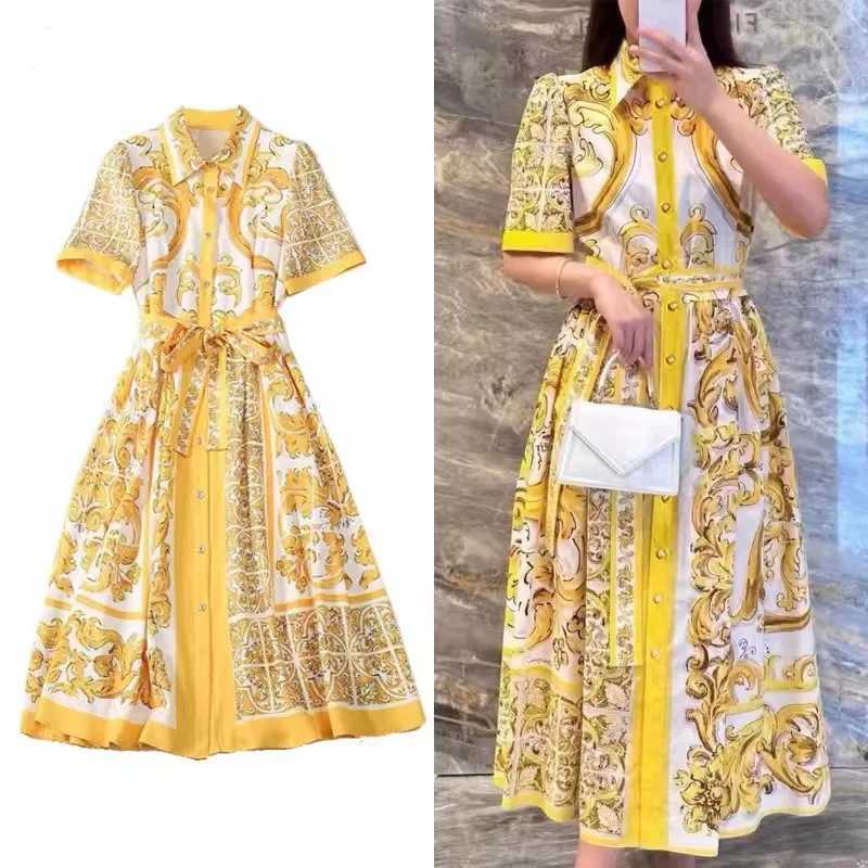 New Summer Fashion Yellow and White Porcelain Printed Shirt for Women Flip Collar Single Chest Lace Holiday Midi Clothing X241226