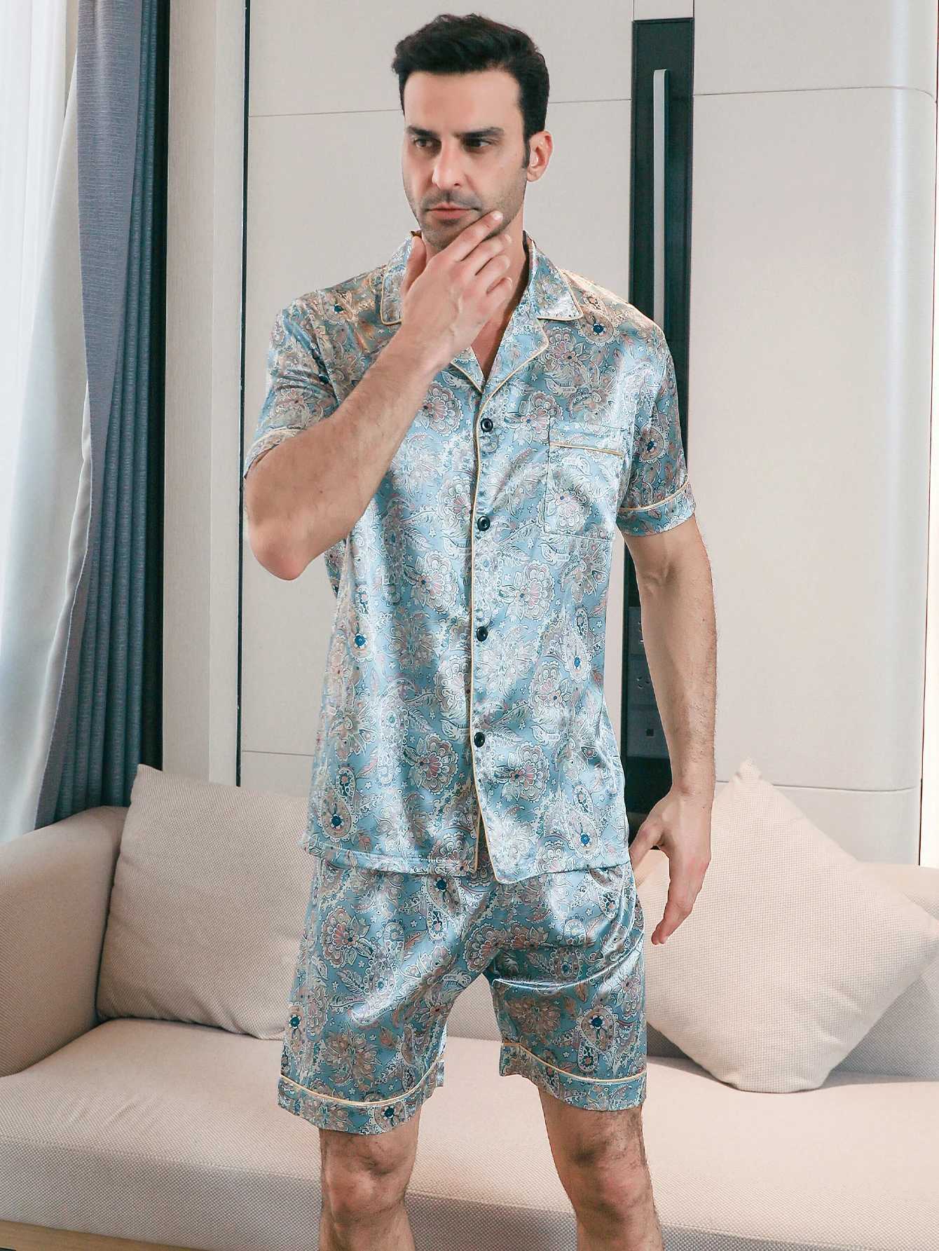 Two piece sets for mens pajamas summer short sleeved shorts flower pattern printed home clothing sleepwear setXJ241227