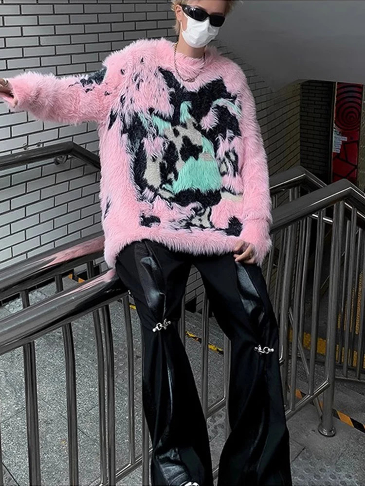 REDDACHIC Pink Plush Graffiti Mohair Sweater for Men Winter Warm Jacquard Jumper Top Loose Casual Knit Top Aesthetic Y2k Clothes 241224