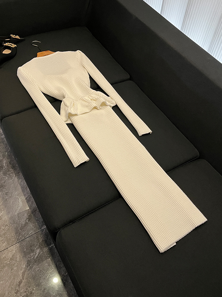 2026 Spring Blue Solid Color Splicing Knitted Dress Long Sleeve Square Collar Button Single Row Casual Women's Skirt