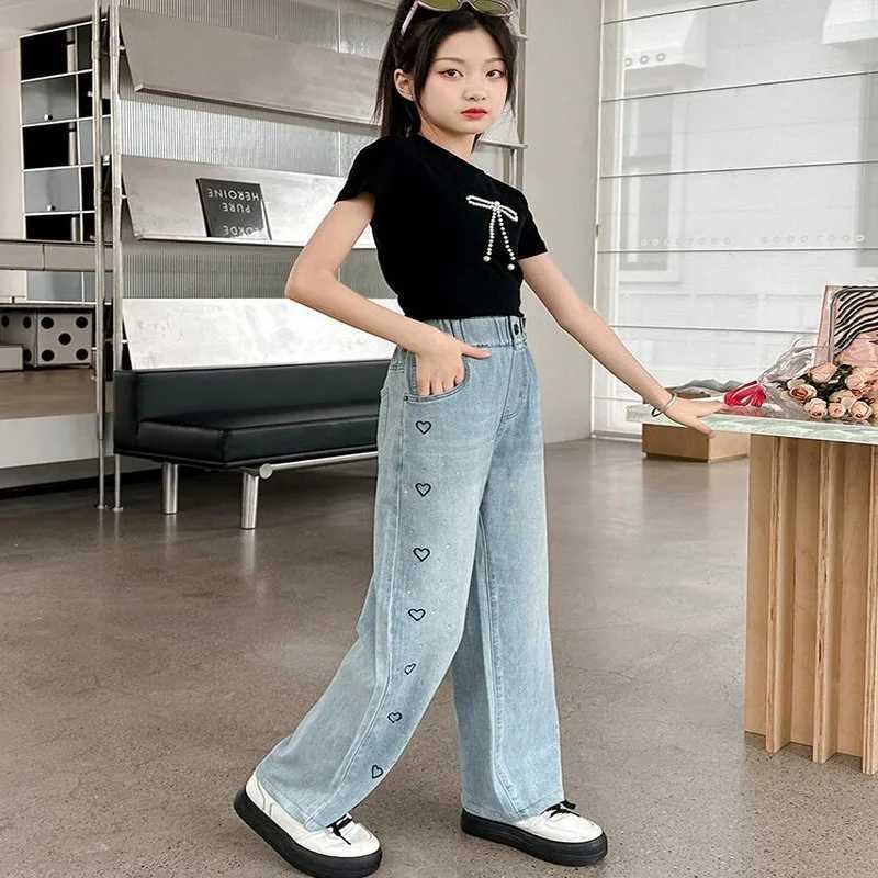 2024 Summer Teens Girl Wide-Leg Jeans Kids Embroidery Design Denim Pants Children Outwear Long Trousers Girl Clothing 4-12Years W241227